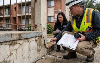 This image shows a construction safety inspector inspecting a deteriorating concrete wall at a residential HOA or condo complex. The worker is seen noting measurements and observations on a clipboard while another official records details nearby.
