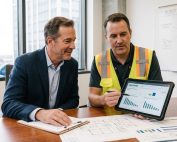 Energy auditor and business owner reviewing energy audit report