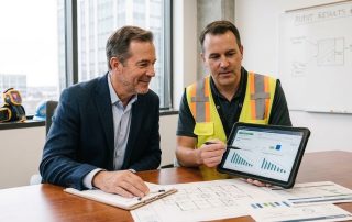 Energy auditor and business owner reviewing energy audit report